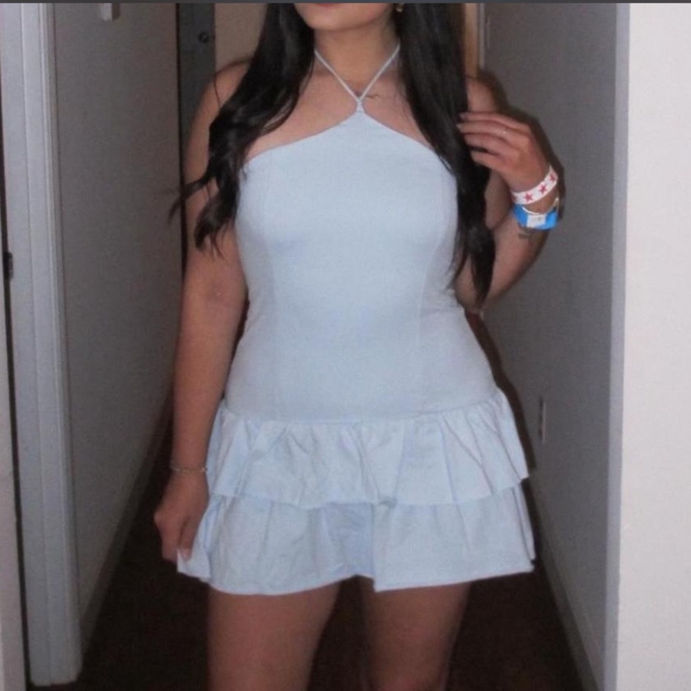 Light Blue Halter Ruffle Mini Dress